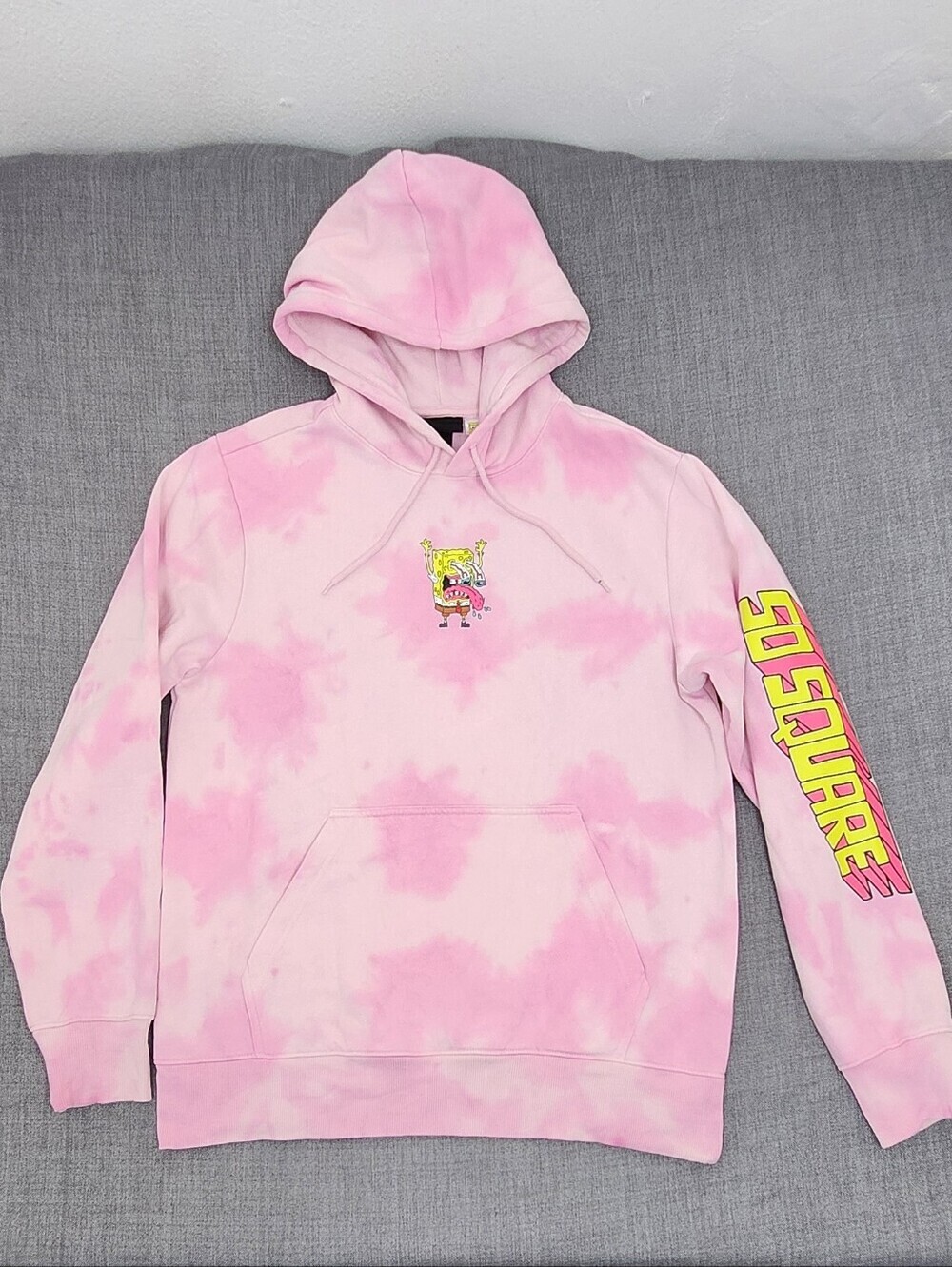 Spongebob Square Pants H&M Pink Tye Dye Graphic Pullover Hoodie. Medium